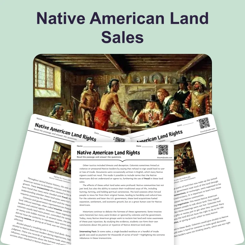 Native American Land Sales — ela — reading comprehension for Grade 6, Grade 7, Grade 8, page 1 of 4