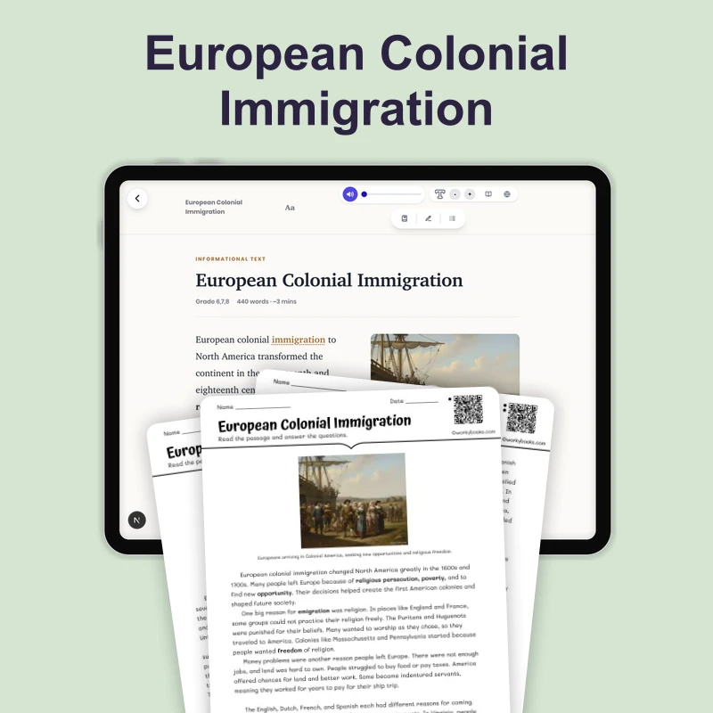 Why Europeans Immigrated to Colonial America — reading — reading comprehension for Grade 6, Grade 7, Grade 8, page 1 of 4
