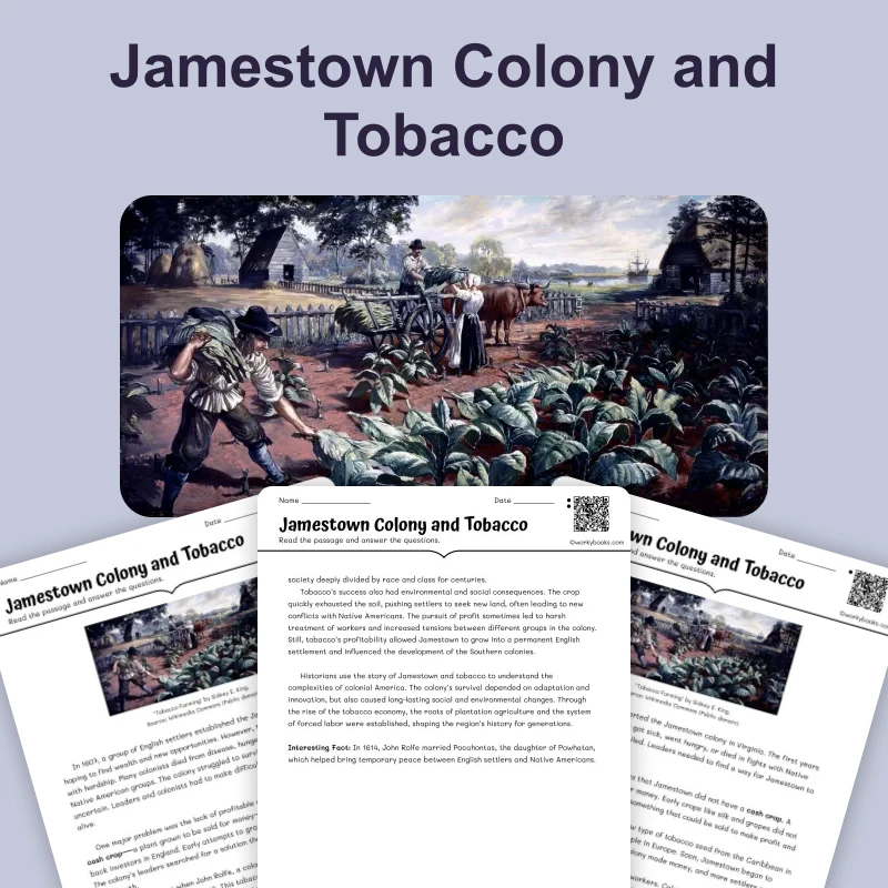 Jamestown Colony and Tobacco — reading — reading comprehension for Grade 6, Grade 7, Grade 8, page 1 of 4
