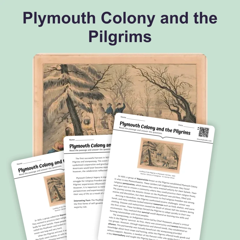 Plymouth Colony and Pilgrims — reading — reading comprehension for Grade 6, Grade 7, Grade 8, page 1 of 4