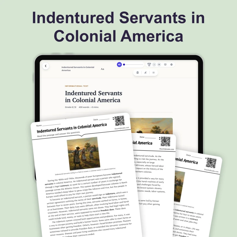 Indentured Servants in Colonial America — reading — reading comprehension for Grade 6, Grade 7, Grade 8, page 1 of 4