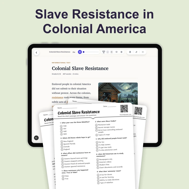 Colonial Slave Resistance — ela — reading comprehension for Grade 6, Grade 7, Grade 8, page 1 of 4