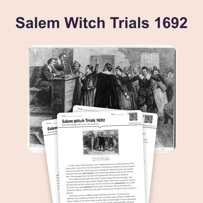 Salem Witch Trials 1692: Causes and Consequences — reading — reading comprehension for Grade 6, Grade 7, Grade 8, page 1 of 4