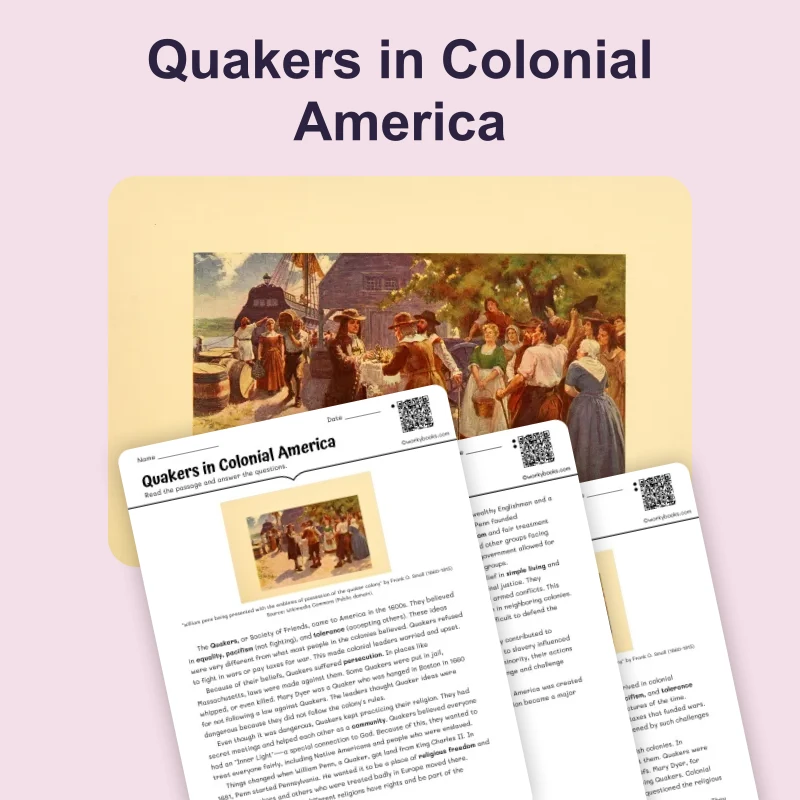 Quakers in Colonial America — reading — reading comprehension for Grade 6, Grade 7, Grade 8, page 1 of 4