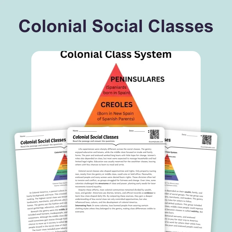 Colonial Social Classes — reading — reading comprehension for Grade 6, Grade 7, Grade 8, page 1 of 4