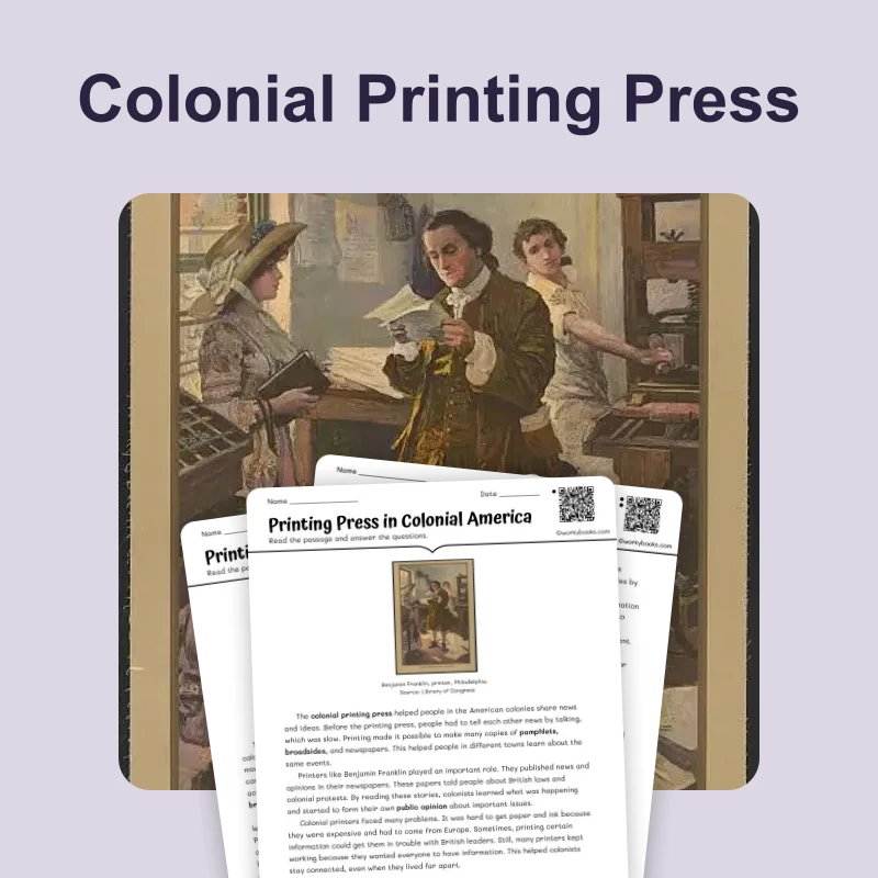 Colonial Printing Press — ela — reading comprehension for Grade 6, Grade 7, Grade 8, page 1 of 4