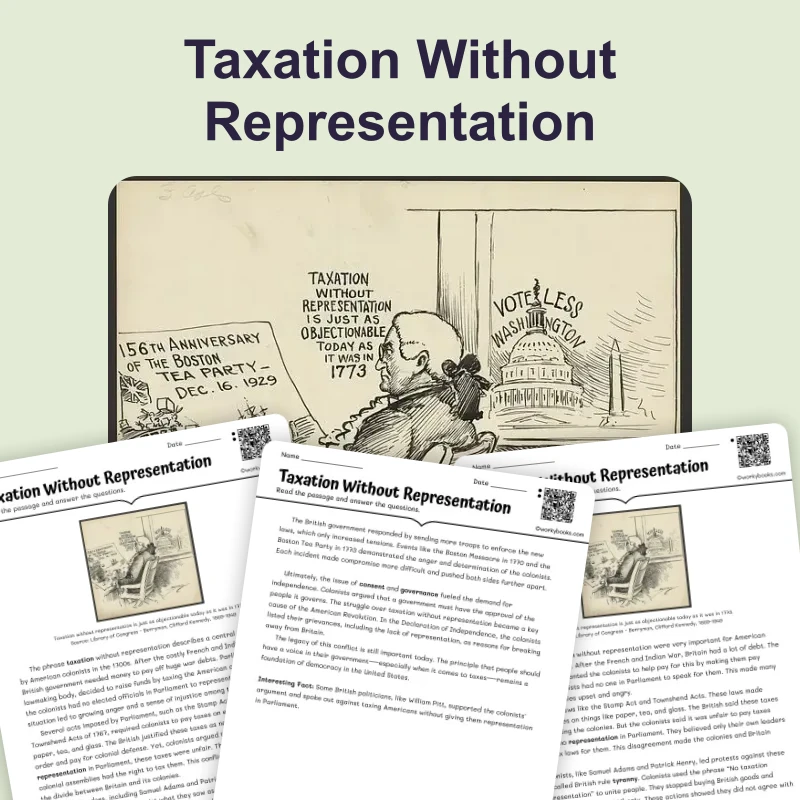 Taxation Without Representation — reading — reading comprehension for Grade 6, Grade 7, Grade 8, page 1 of 4