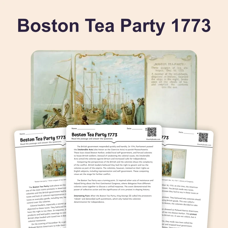 Boston Tea Party 1773 — reading — reading comprehension for Grade 6, Grade 7, Grade 8, page 1 of 4