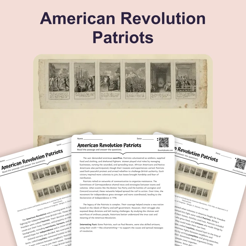 American Revolution Patriots — reading — reading comprehension for Grade 6, Grade 7, Grade 8, page 1 of 4
