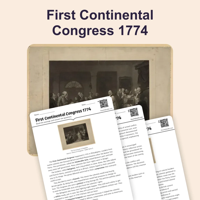 First Continental Congress 1774 — reading — reading comprehension for Grade 6, Grade 7, Grade 8, page 1 of 4