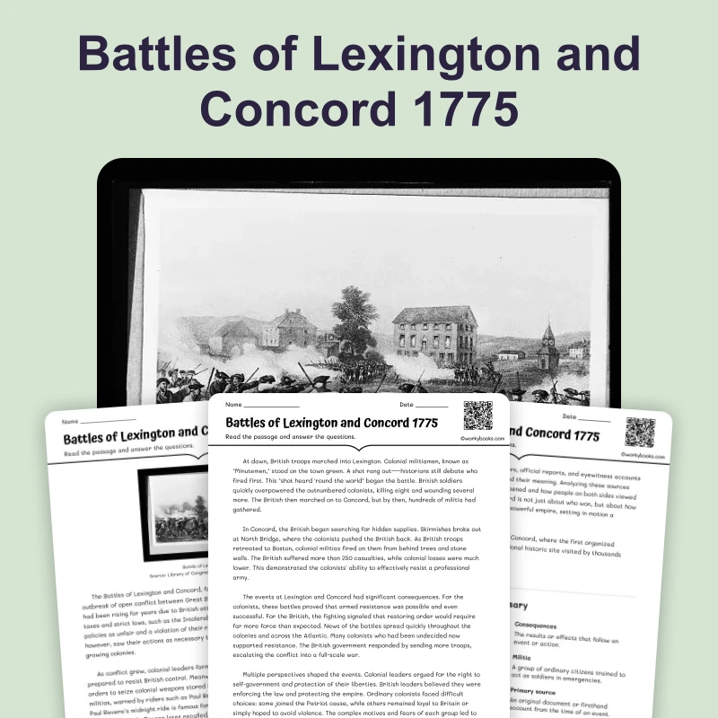 Battles of Lexington and Concord 1775 — reading — reading comprehension for Grade 6, Grade 7, Grade 8, page 1 of 4