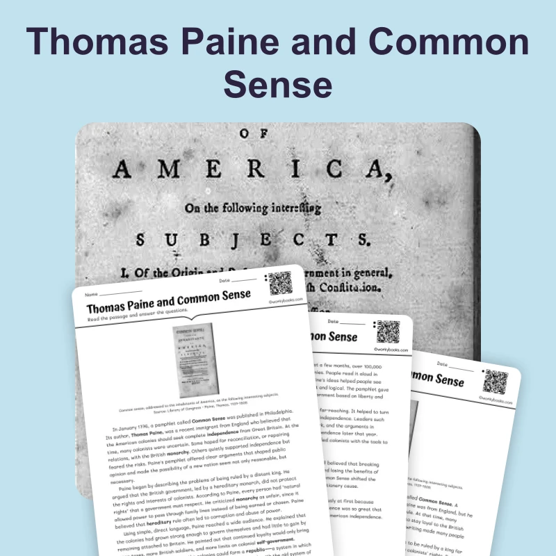 Thomas Paine Common Sense — reading — reading comprehension for Grade 6, Grade 7, Grade 8, page 1 of 4
