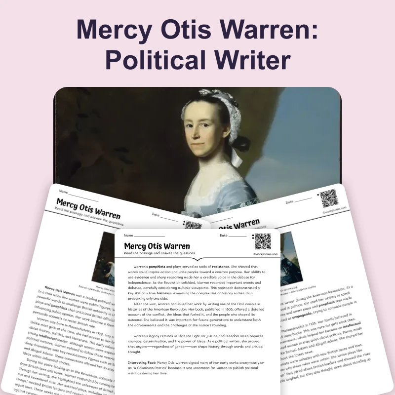 Mercy Otis Warren: Political Writer — ela — reading comprehension for Grade 6, Grade 7, Grade 8, page 1 of 4