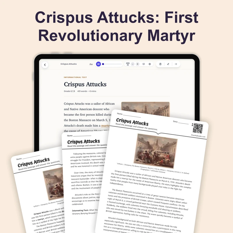 Crispus Attucks — ela — reading comprehension for Grade 6, Grade 7, Grade 8, page 1 of 4
