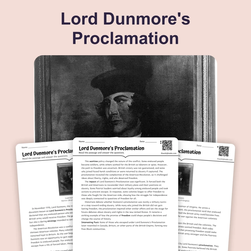 Lord Dunmore's Proclamation — reading — reading comprehension for Grade 6, Grade 7, Grade 8, page 1 of 4