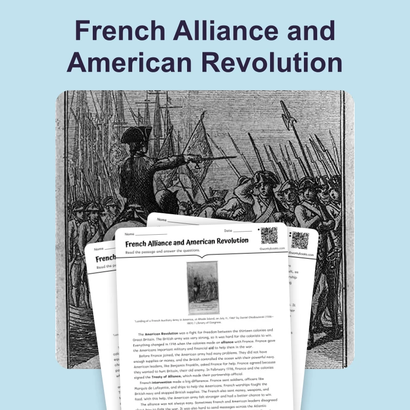 French Alliance and American Revolution — ela — reading comprehension for Grade 6, Grade 7, Grade 8, page 1 of 4