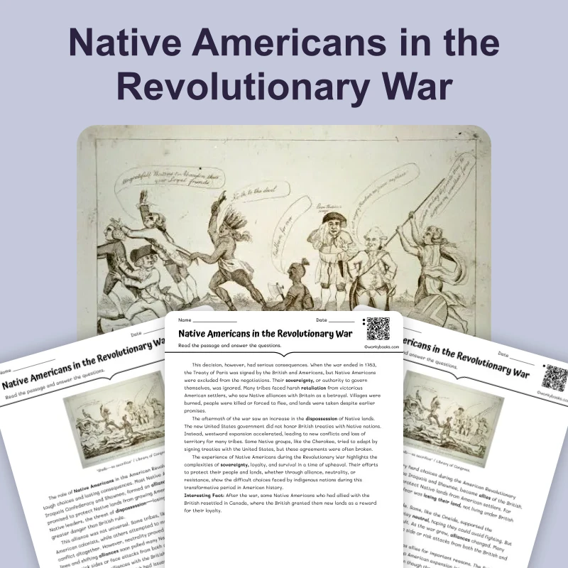 Native Americans in Revolutionary War — reading — reading comprehension for Grade 6, Grade 7, Grade 8, page 1 of 4