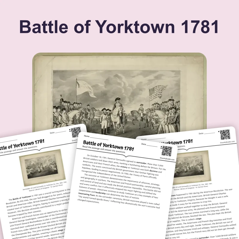 Battle of Yorktown 1781 — reading — reading comprehension for Grade 6, Grade 7, Grade 8, page 1 of 4