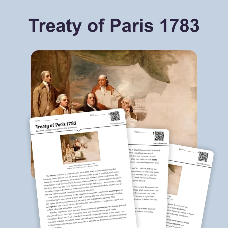 Treaty of Paris 1783 — reading — reading comprehension for Grade 6, Grade 7, Grade 8, page 1 of 4