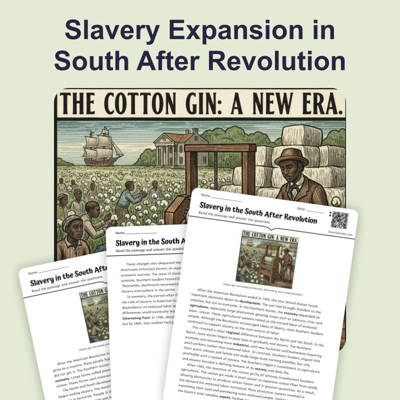 Slavery Expansion in South After Revolution — ela — reading comprehension for Grade 6, Grade 7, Grade 8, page 1 of 4