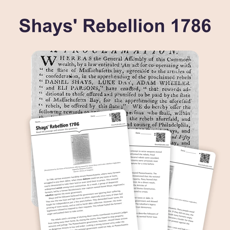 Shays' Rebellion 1786: Farmers vs Government — reading — reading comprehension for Grade 6, Grade 7, Grade 8, page 1 of 4