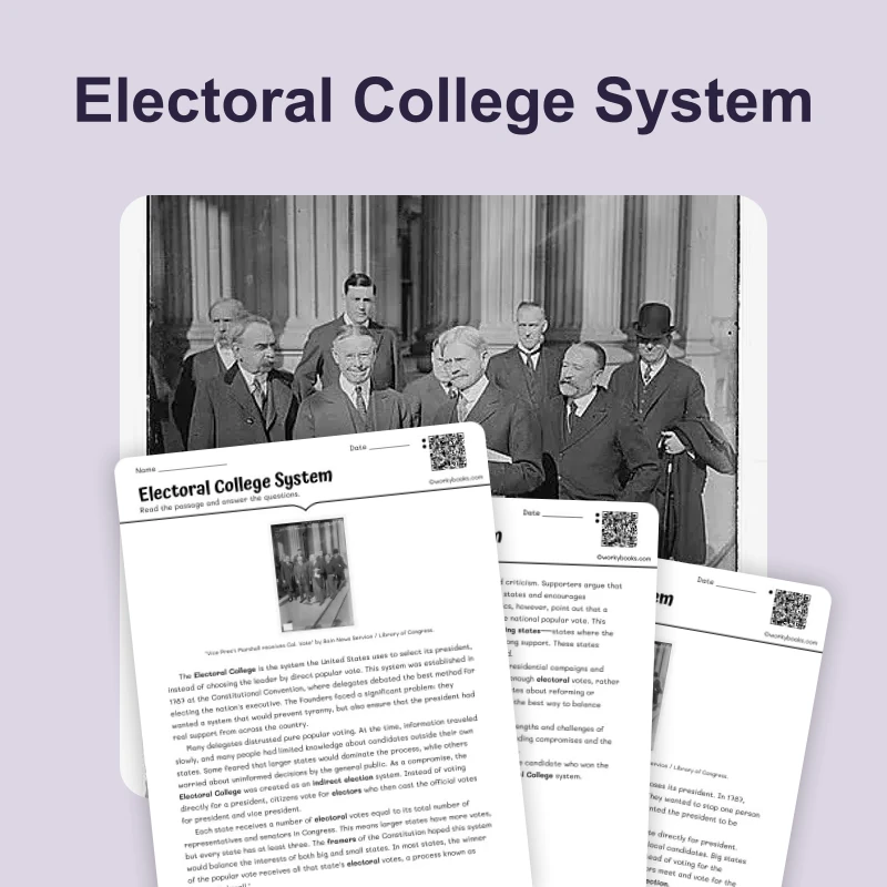 Electoral College System — reading — reading comprehension for Grade 6, Grade 7, Grade 8, page 1 of 4