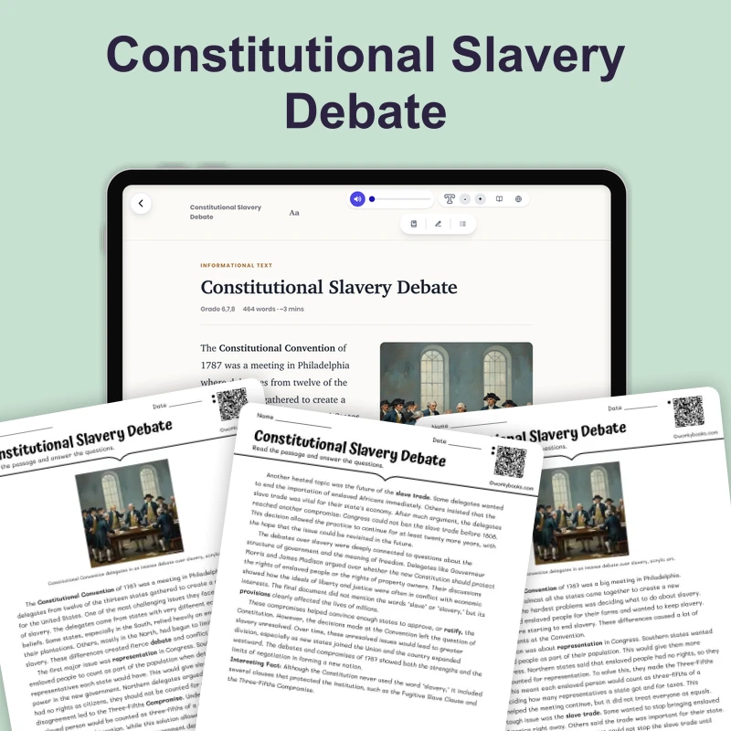 Constitutional Slavery Debate — reading — reading comprehension for Grade 6, Grade 7, Grade 8, page 1 of 4