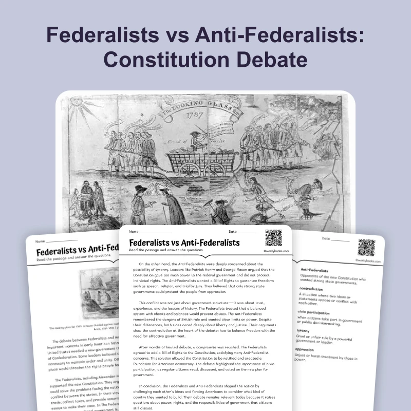 Federalists vs Anti-Federalists — reading — reading comprehension for Grade 6, Grade 7, Grade 8, page 1 of 4
