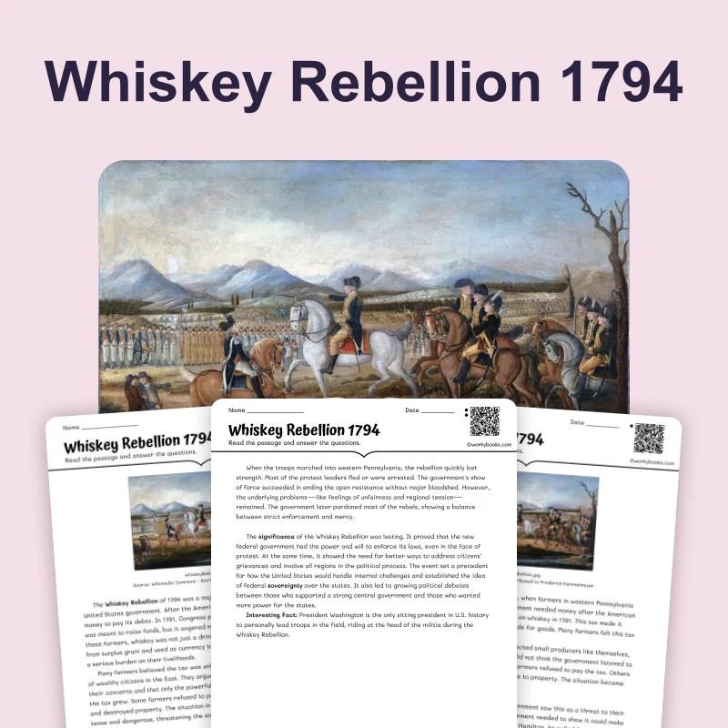 Whiskey Rebellion 1794 — reading — reading comprehension for Grade 6, Grade 7, Grade 8, page 1 of 4