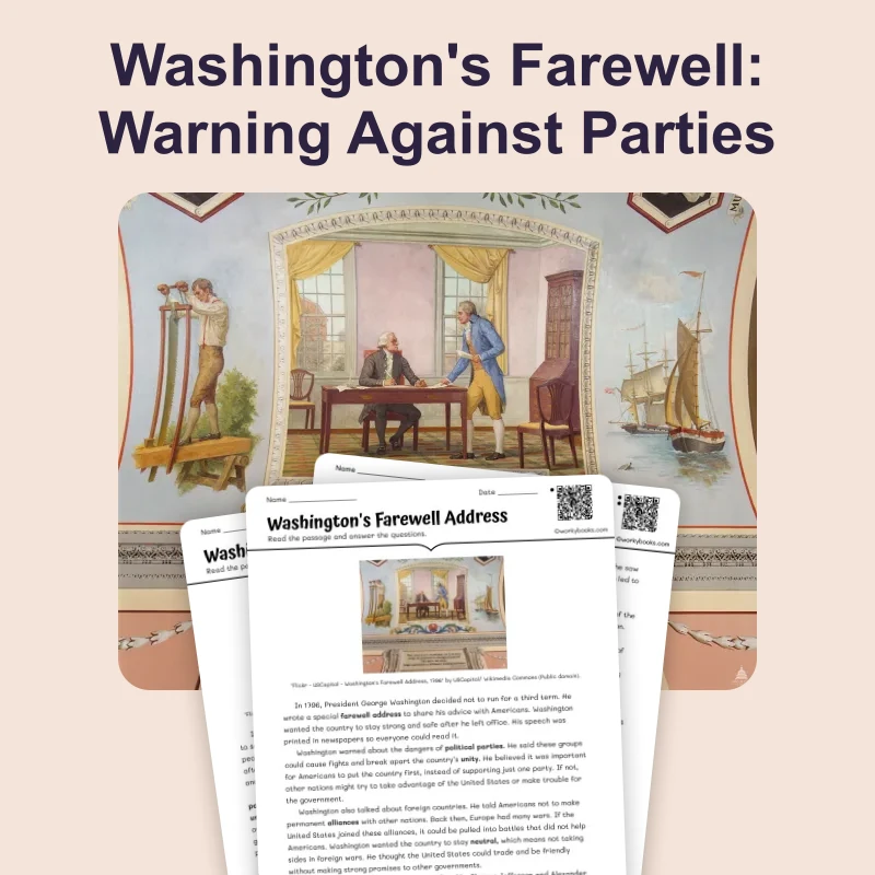 Washington's Farewell: Warning Against Parties — ela — reading comprehension for Grade 6, Grade 7, Grade 8, page 1 of 4