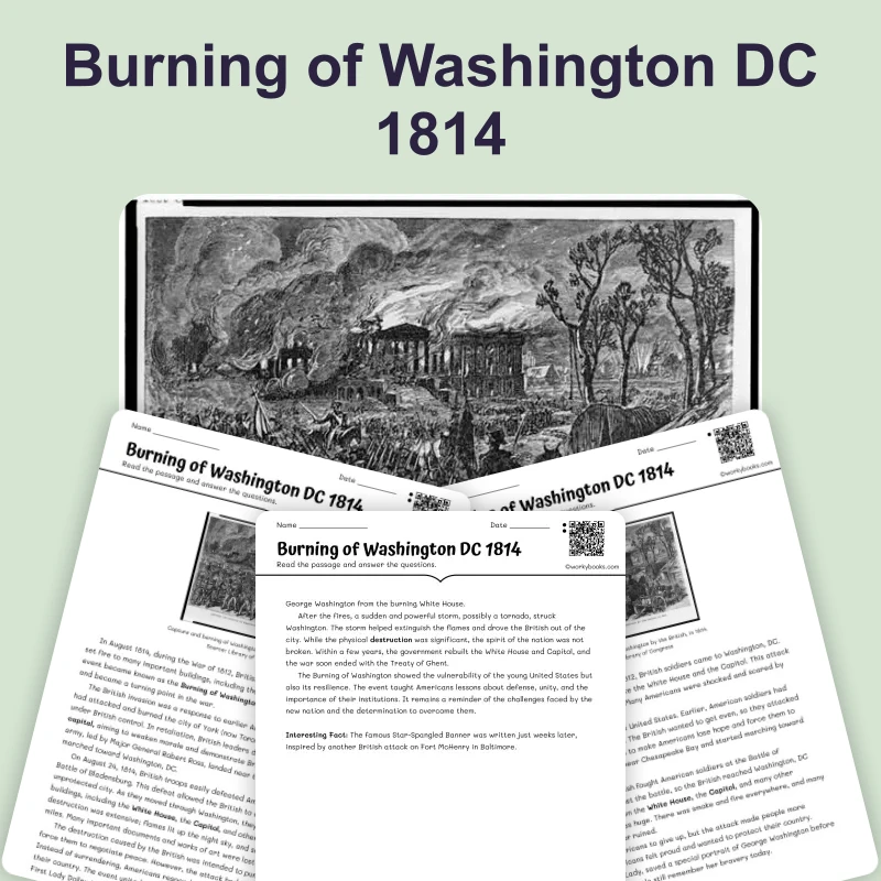 Burning of Washington DC 1814 — reading — reading comprehension for Grade 6, Grade 7, Grade 8, page 1 of 4