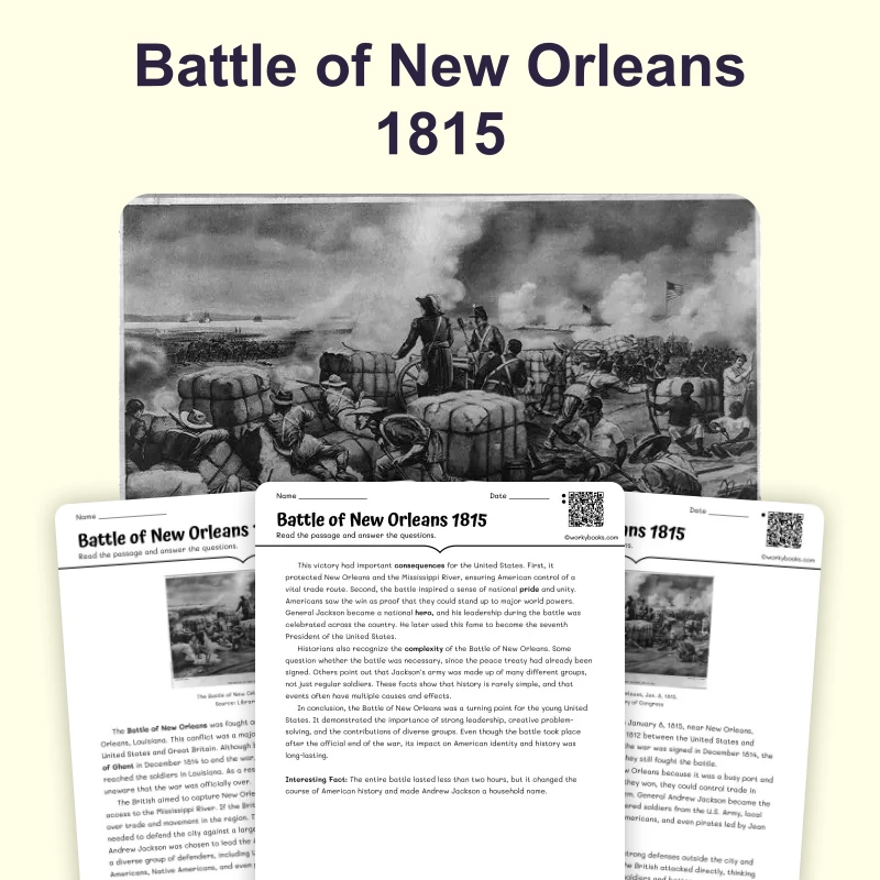 Battle of New Orleans 1815 — reading — reading comprehension for Grade 6, Grade 7, Grade 8, page 1 of 4