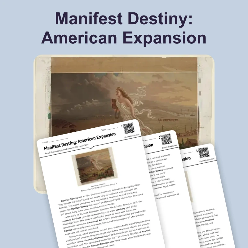 Manifest Destiny: American Expansion — reading — reading comprehension for Grade 6, Grade 7, Grade 8, page 1 of 4