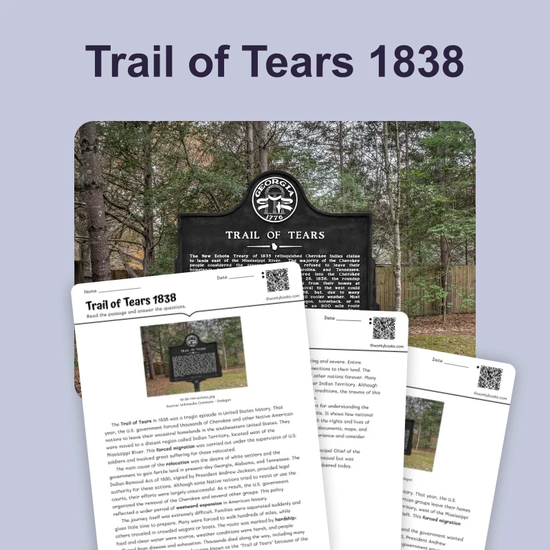 Trail of Tears 1838 — reading — reading comprehension for Grade 6, Grade 7, Grade 8, page 1 of 4