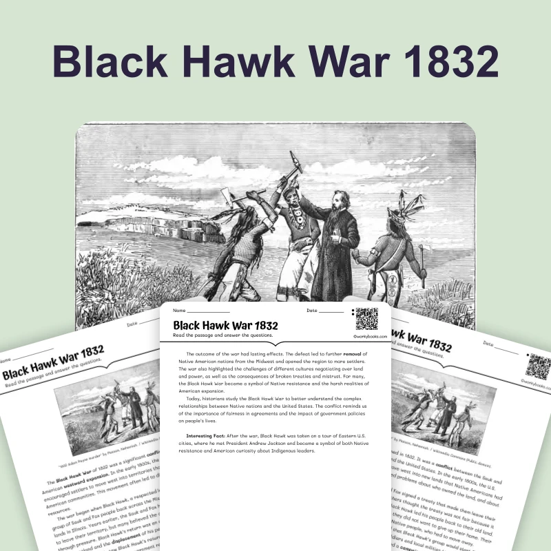 Black Hawk War 1832 — reading — reading comprehension for Grade 6, Grade 7, Grade 8, page 1 of 4