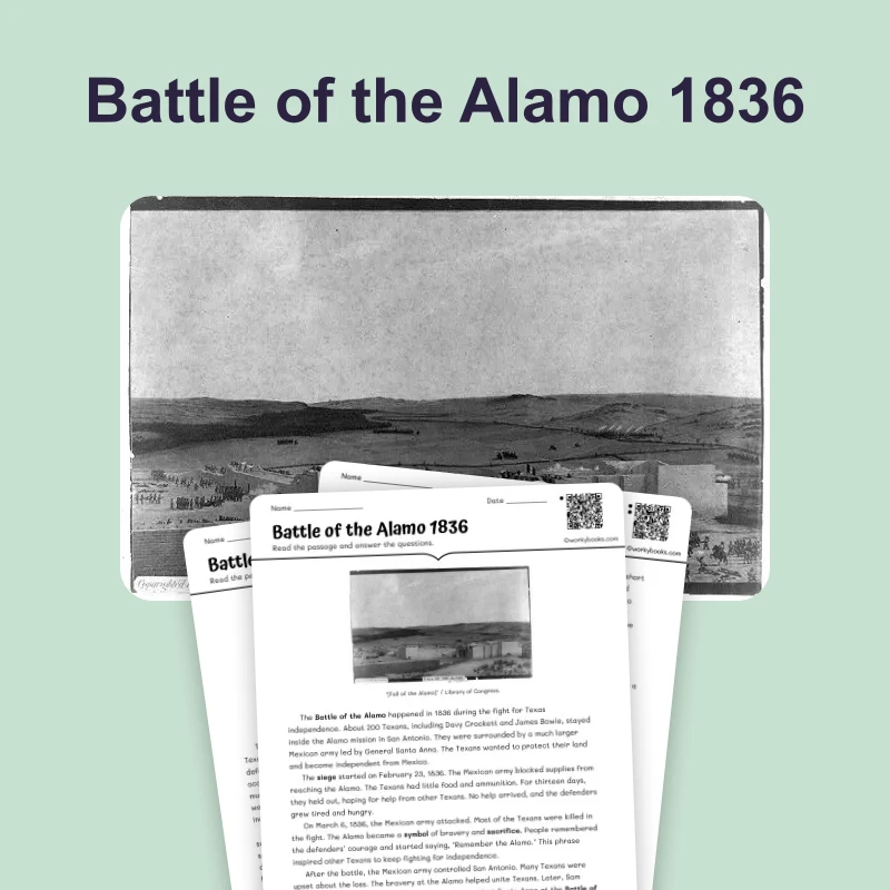 Battle of the Alamo 1836 — reading — reading comprehension for Grade 6, Grade 7, Grade 8, page 1 of 4