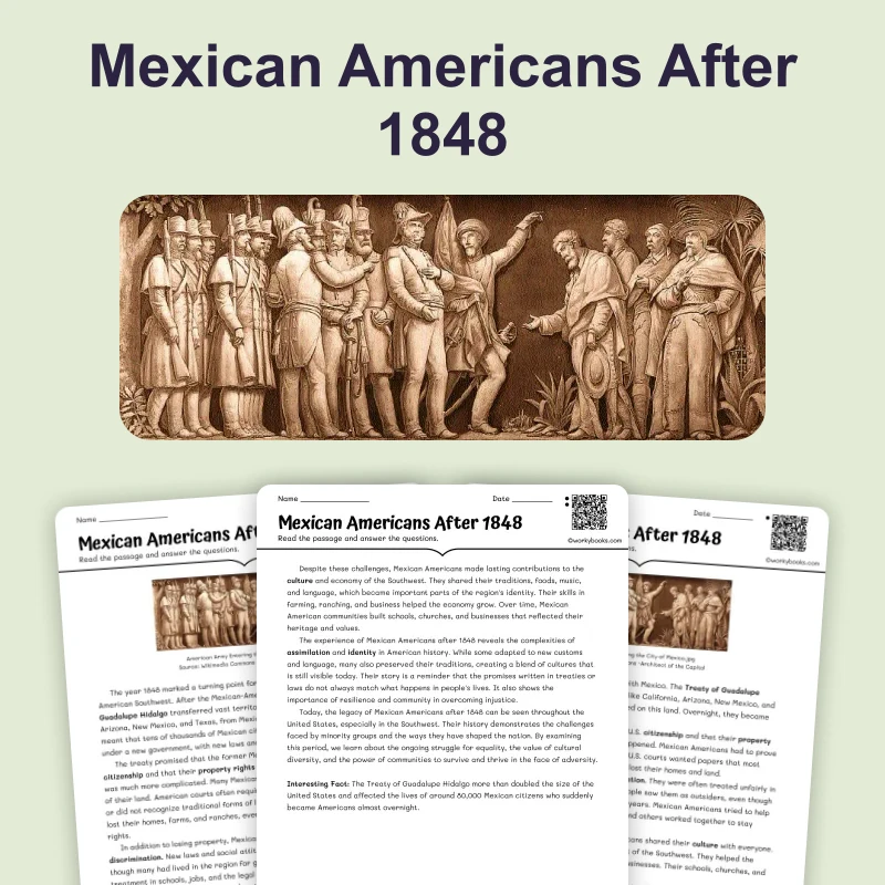 Mexican Americans After 1848 — reading — reading comprehension for Grade 6, Grade 7, Grade 8, page 1 of 4