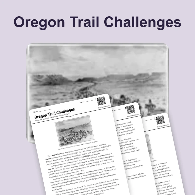 Oregon Trail Challenges — reading — reading comprehension for Grade 6, Grade 7, Grade 8, page 1 of 4