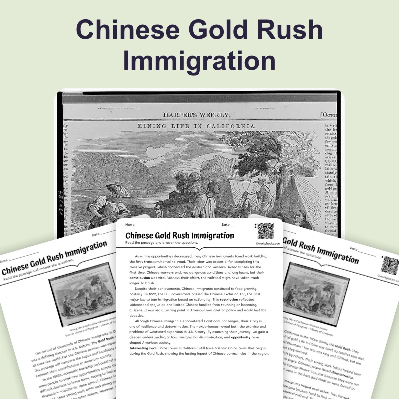 Chinese Immigration During Gold Rush Era — reading — reading comprehension for Grade 6, Grade 7, Grade 8, page 1 of 4