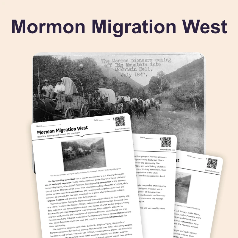 Mormon Migration West — reading — reading comprehension for Grade 6, Grade 7, Grade 8, page 1 of 4