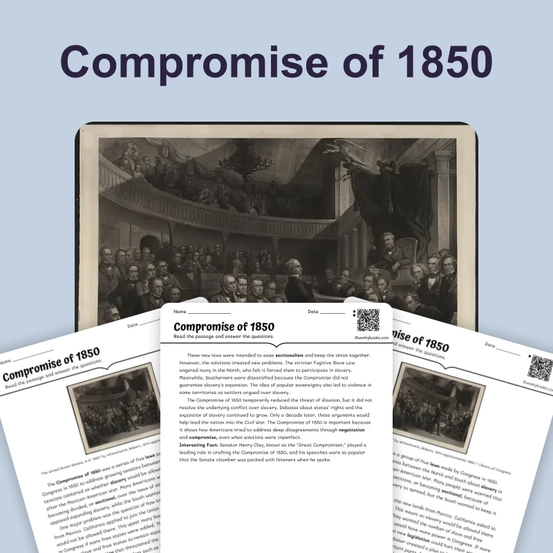 Compromise of 1850 — reading — reading comprehension for Grade 6, Grade 7, Grade 8, page 1 of 4