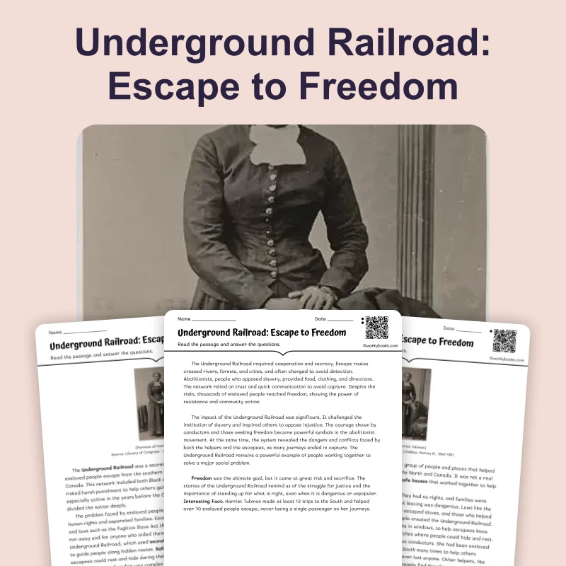 Underground Railroad: Escape to Freedom — reading — reading comprehension for Grade 6, Grade 7, Grade 8, page 1 of 4