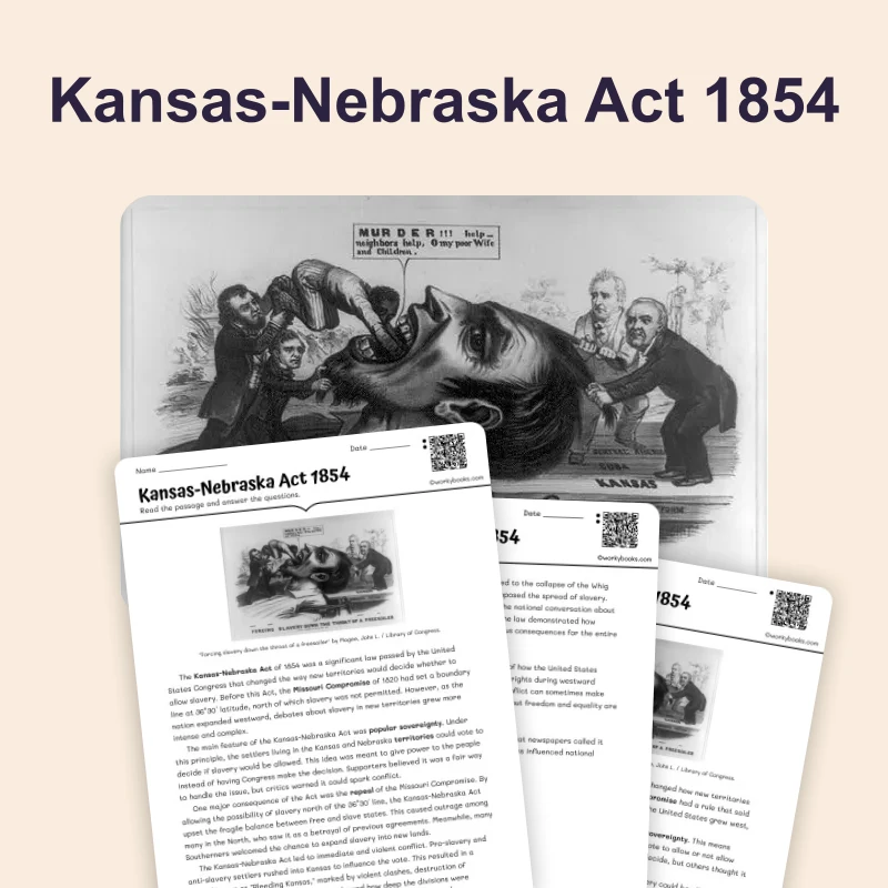 Kansas-Nebraska Act 1854 — reading — reading comprehension for Grade 6, Grade 7, Grade 8, page 1 of 4