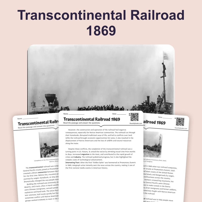 Transcontinental Railroad 1869 — reading — reading comprehension for Grade 6, Grade 7, Grade 8, page 1 of 4