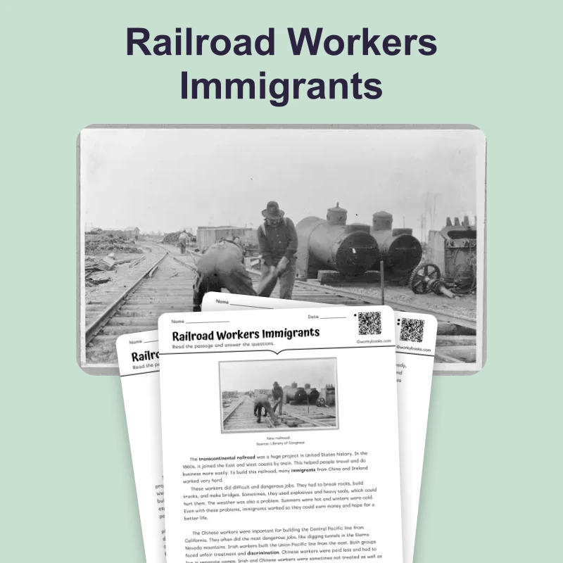 Railroad Workers: Chinese and Irish Labor — reading — reading comprehension for Grade 6, Grade 7, Grade 8, page 1 of 4