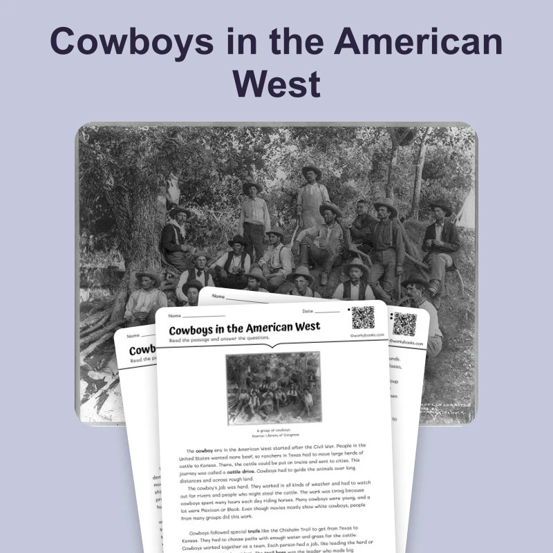 Cowboys in American West — reading — reading comprehension for Grade 6, Grade 7, Grade 8, page 1 of 4