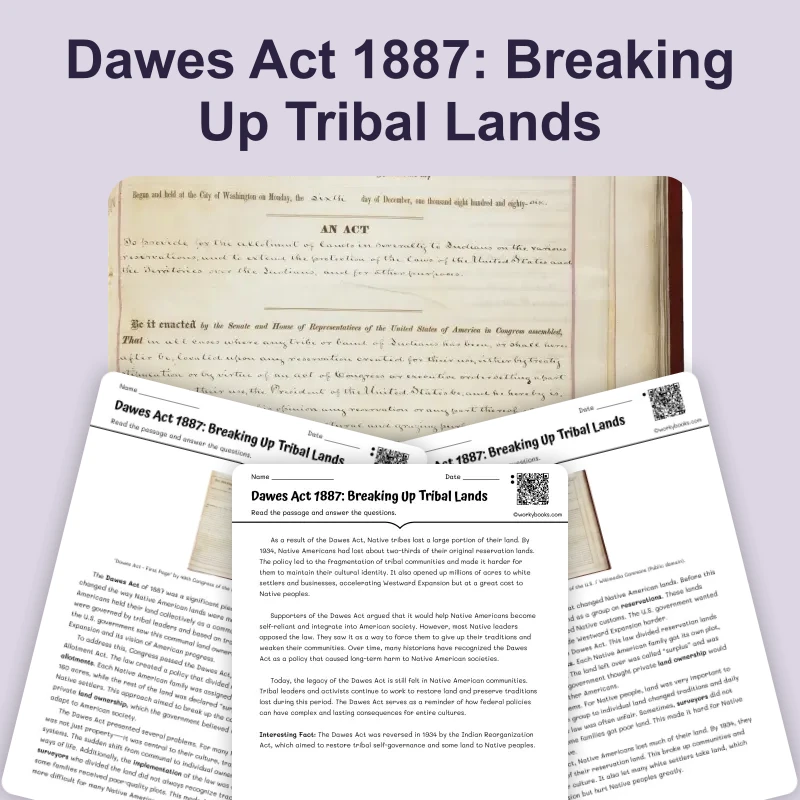 Dawes Act 1887: Breaking Up Tribal Lands — reading — reading comprehension for Grade 6, Grade 7, Grade 8, page 1 of 4