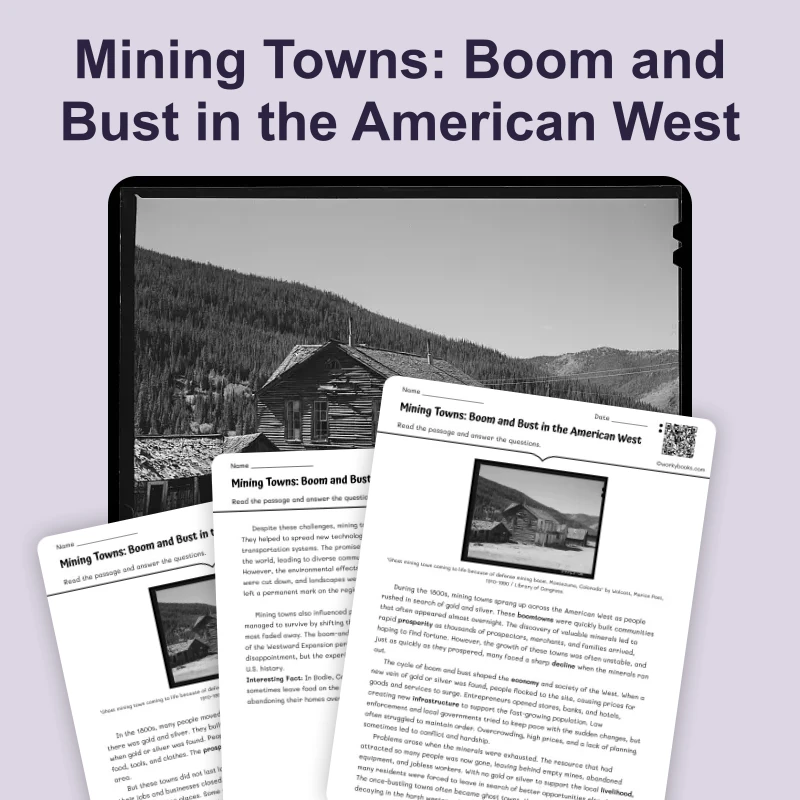 Mining Towns Boom Bust — reading — reading comprehension for Grade 6, Grade 7, Grade 8, page 1 of 4