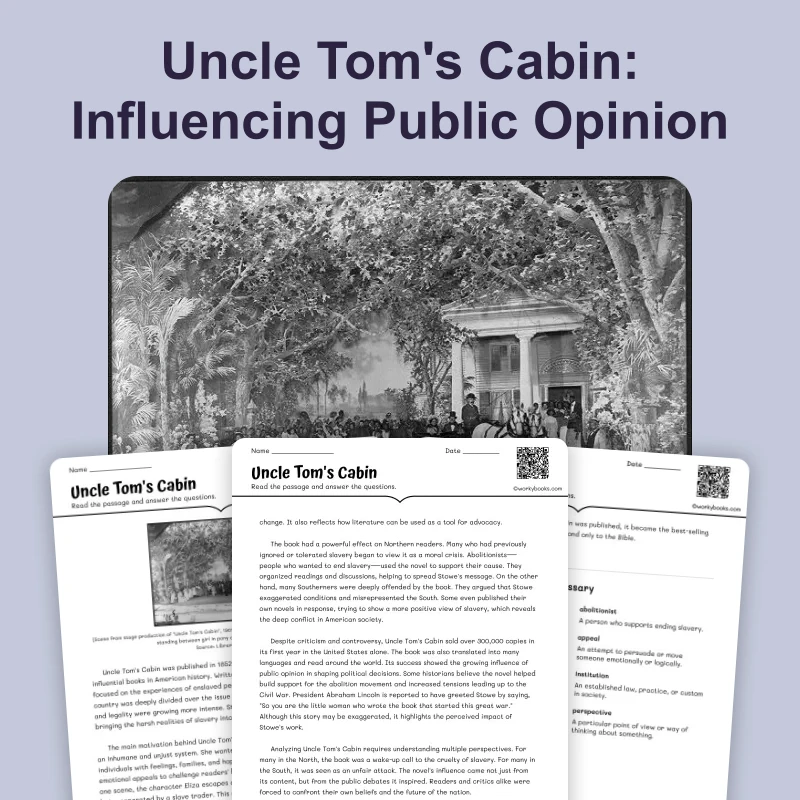 Uncle Tom's Cabin — ela — reading comprehension for Grade 6, Grade 7, Grade 8, page 1 of 4
