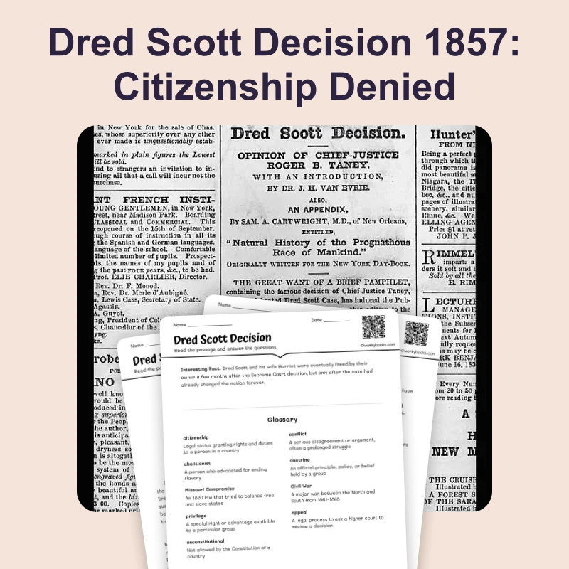 Dred Scott Decision — ela — reading comprehension for Grade 6, Grade 7, Grade 8, page 1 of 4